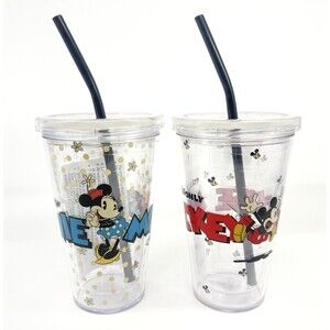 Disney Parks Mickey & Minnie Mouse 20 oz Plastic Cups W/Straws Lot of 2 NWT